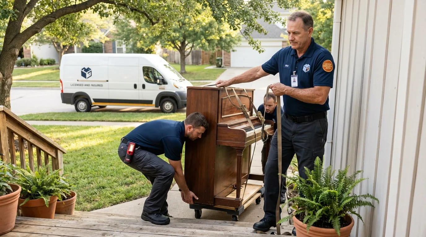 Licensed piano movers securing grand piano in Lyons, GA