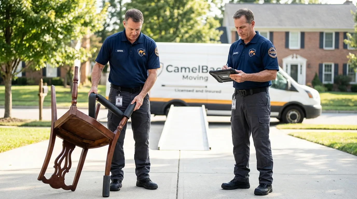Movers inspecting furniture for damage prevention before loading in Lyons, GA