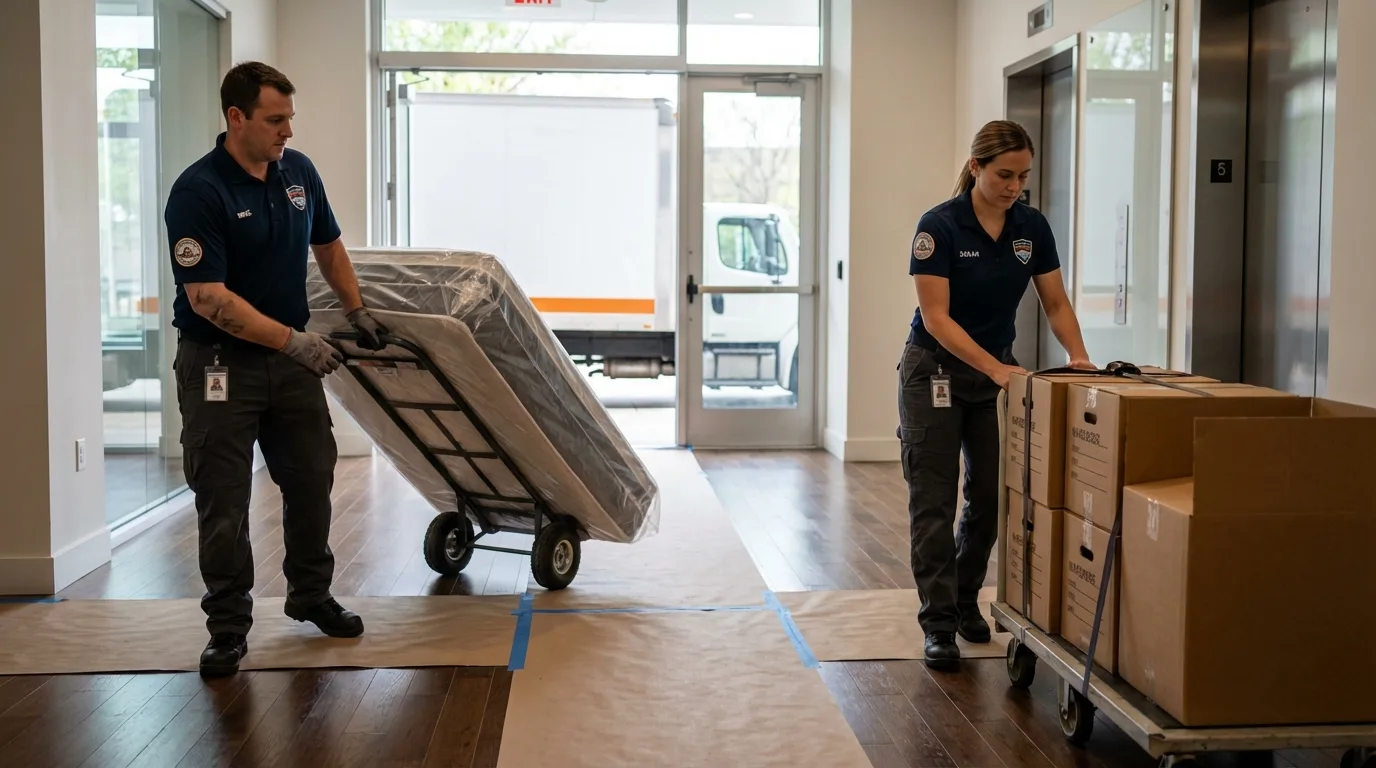 Professional apartment movers loading elevator in Lyons, GA